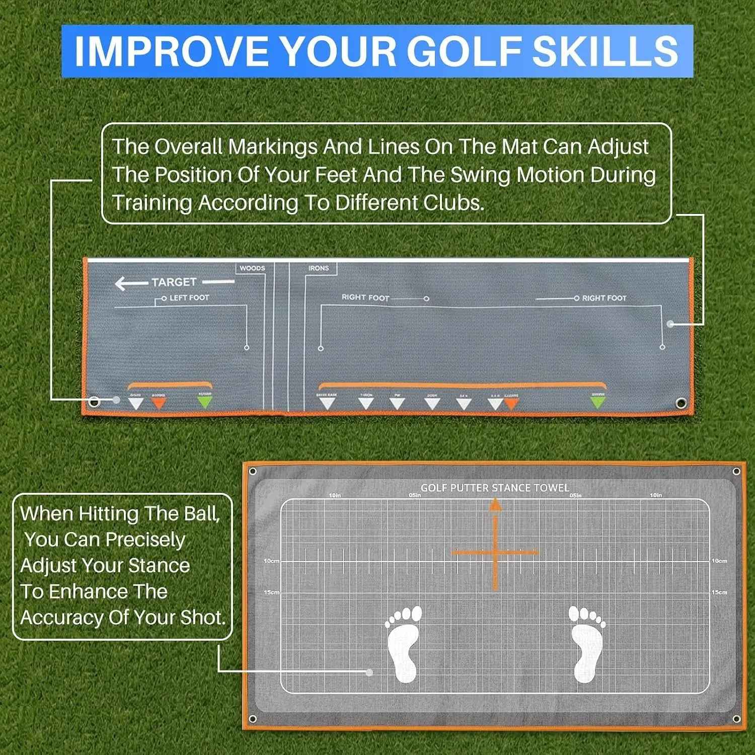 Golf Putting Mat & Golf Stance Training Towel Set, a Golf Putting Practice Aid to Improve Stance and Putting Accuracy - Suitable for Beginners and Golfers Who Need to Improve.