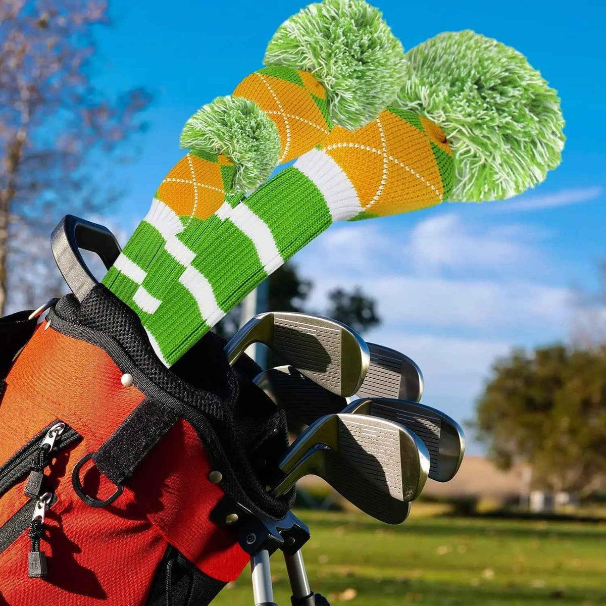 1 PCS Knit Woods Golf Club Covers Fits Driver Wood #1 Fairways #3#5#7 Hybrids/Ut with Long Neck & Rotating Number Tags, Green Yellow Argyle