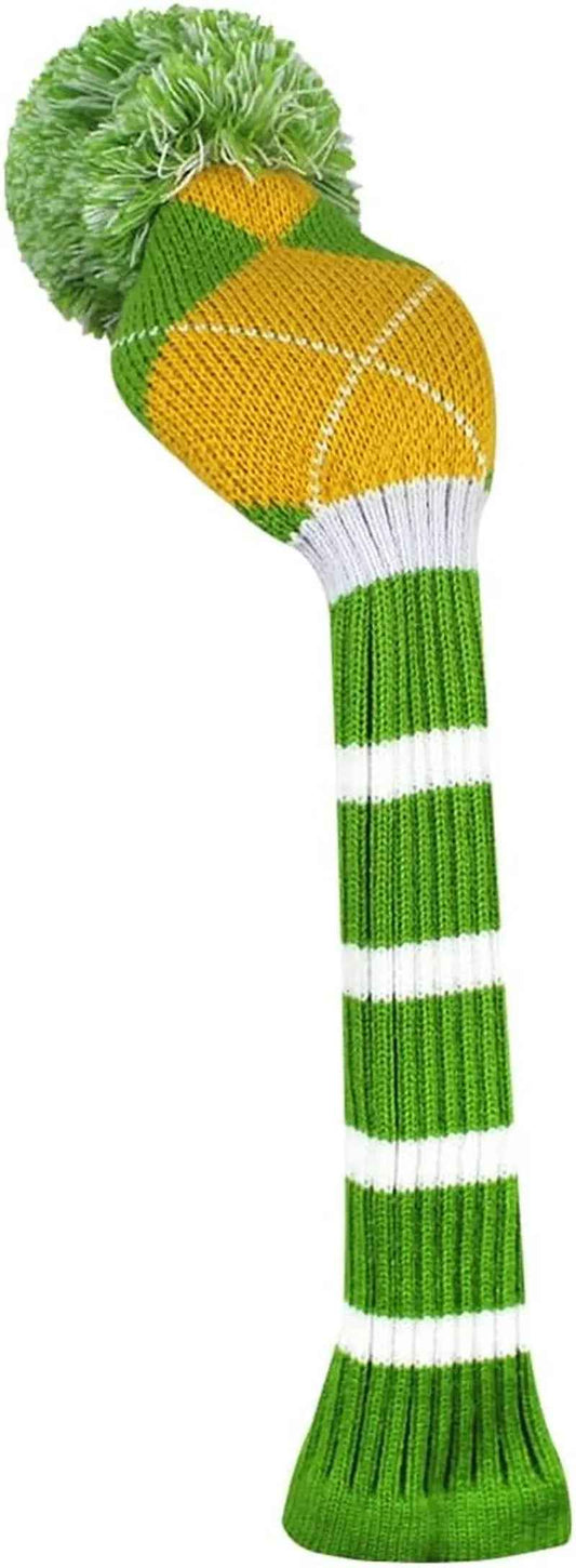 1 PCS Knit Woods Golf Club Covers Fits Driver Wood #1 Fairways #3#5#7 Hybrids/Ut with Long Neck & Rotating Number Tags, Green Yellow Argyle
