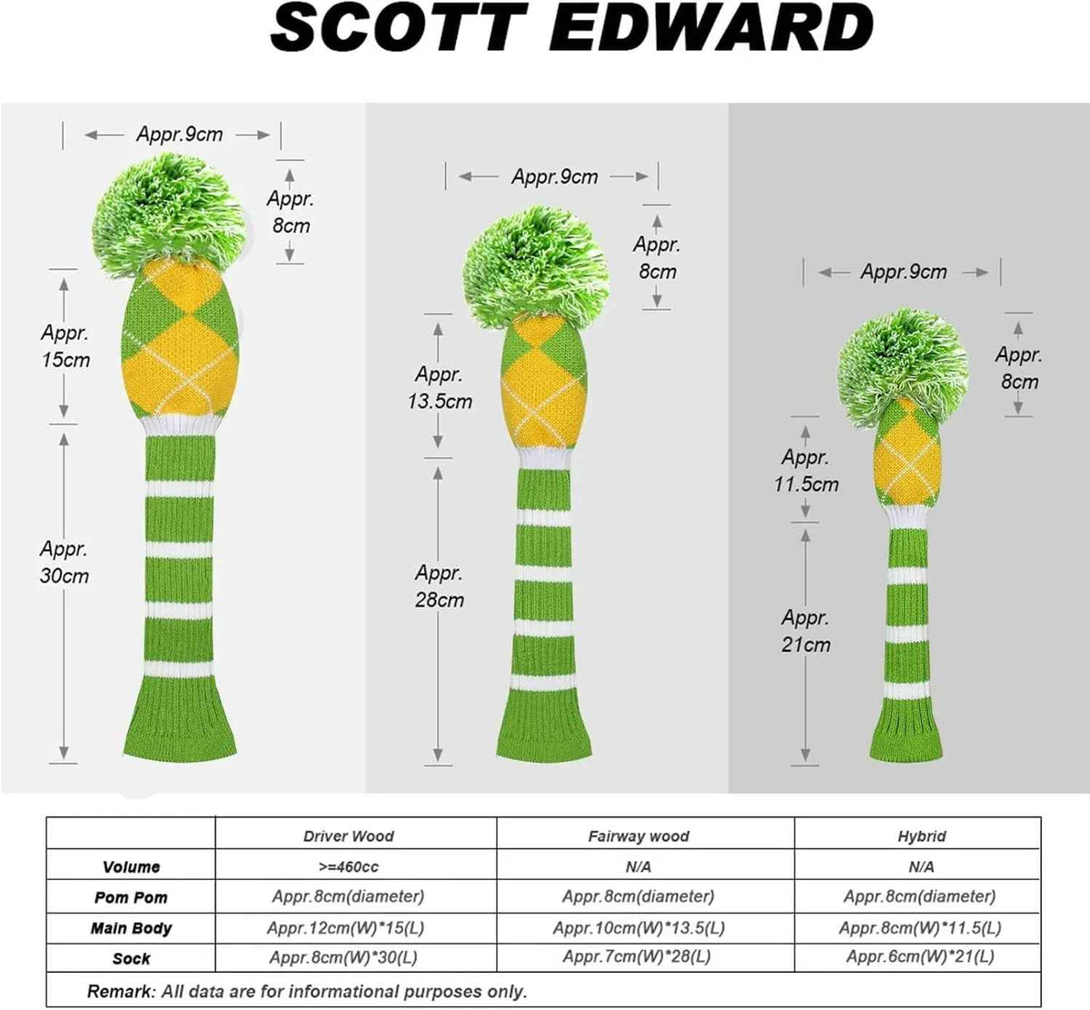 1 PCS Knit Woods Golf Club Covers Fits Driver Wood #1 Fairways #3#5#7 Hybrids/Ut with Long Neck & Rotating Number Tags, Green Yellow Argyle